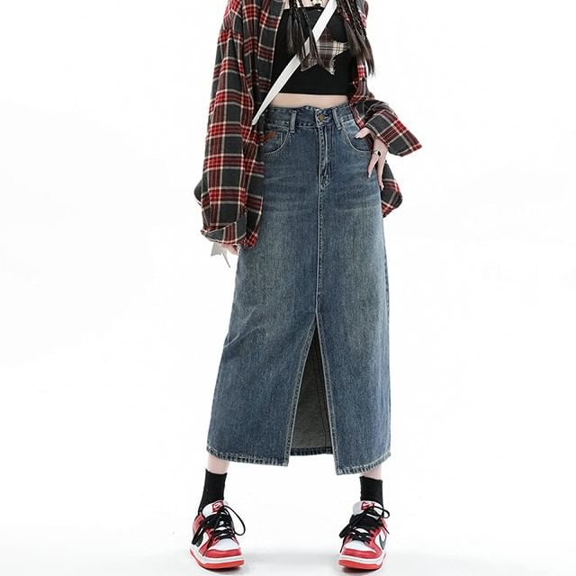Midi Pencil Denim High Washed Rise Slit Skirt