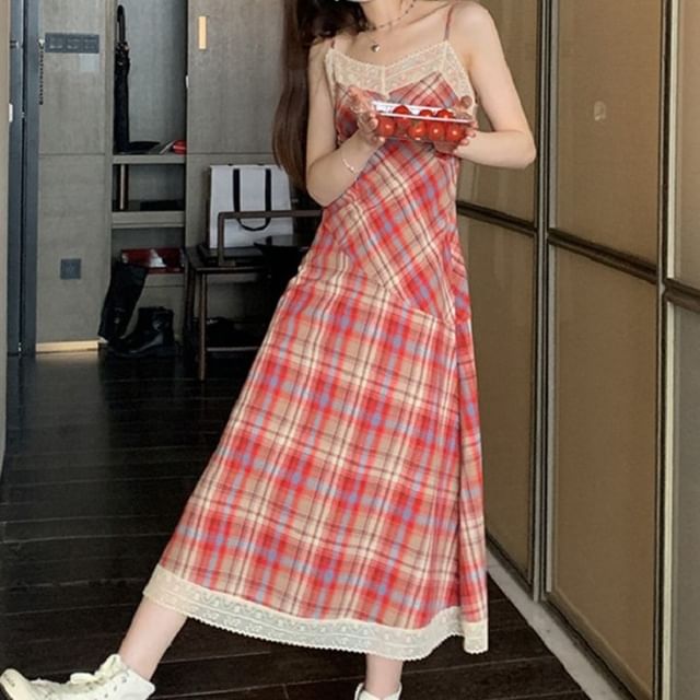 A-Line Dress Plaid Lace Midi Strap Trim Spaghetti