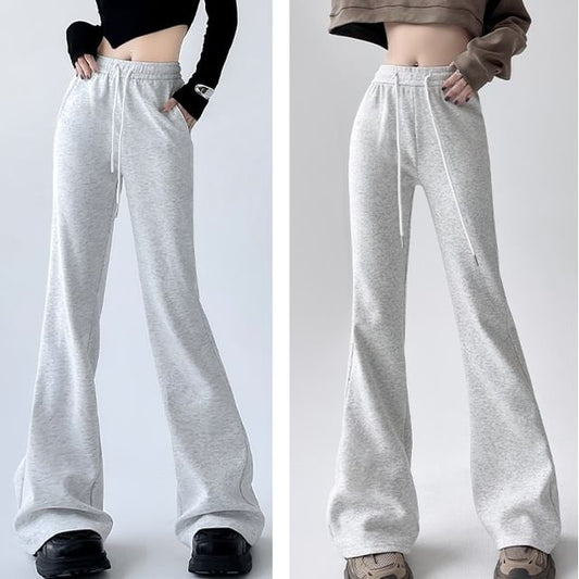 High Rise Plain Drawstring Flare Sweatpants