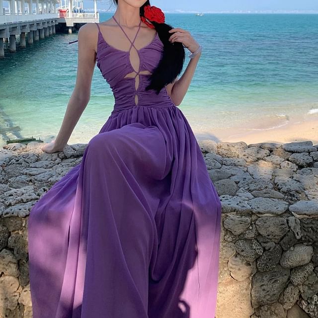 A-Line Maxi Neck Spaghetti Plain Dress Strap Scoop