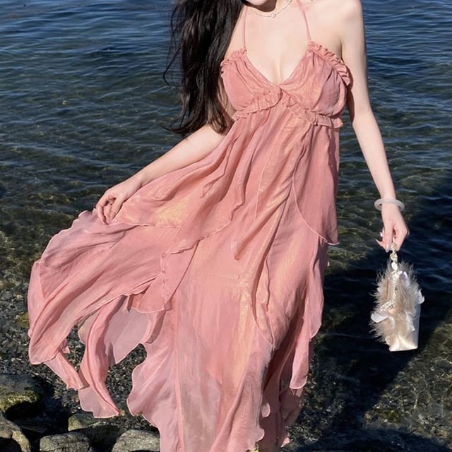 Trim Plain A-Line Halter Maxi Ruffle Dress V-Neck