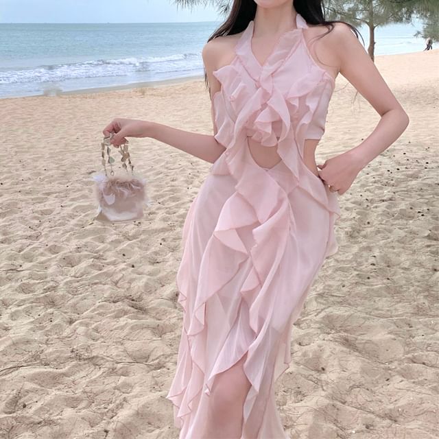 Trim Cutout Ruffle Plain A-Line Dress Neck Halter Mini