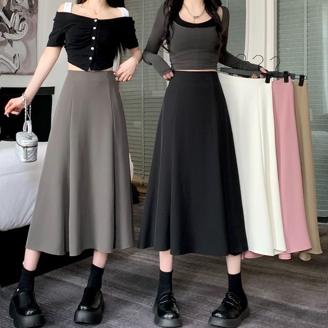 Plain A-Line Midi Skirt with High Rise