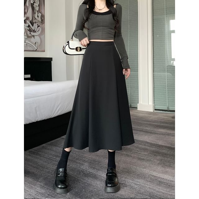 Plain A-Line Midi Skirt with High Rise