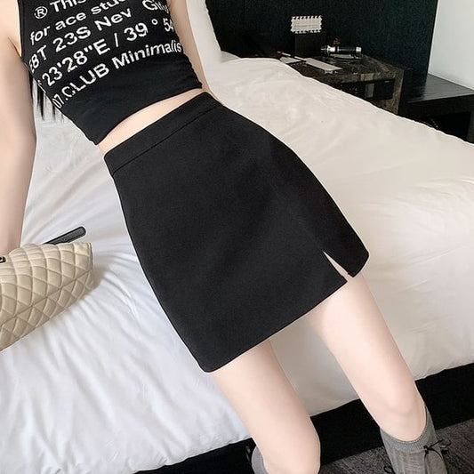 High Rise Plain Side-Slit Mini Pencil Skirt