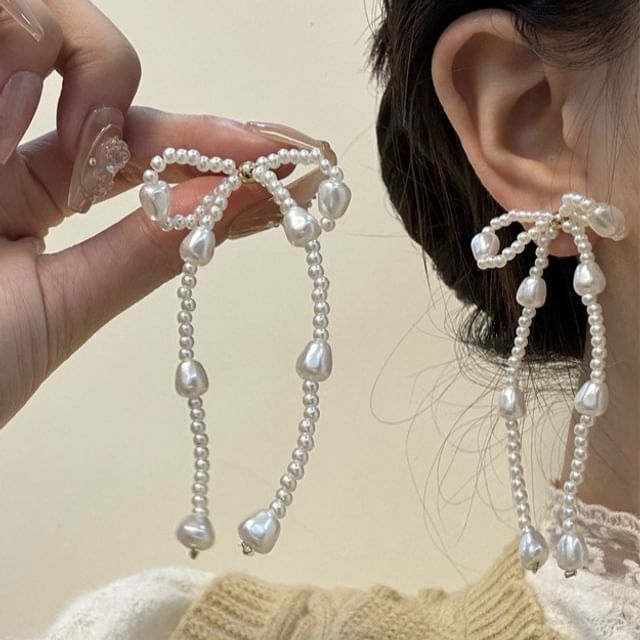 Dangle Bow Pearl Faux Earring