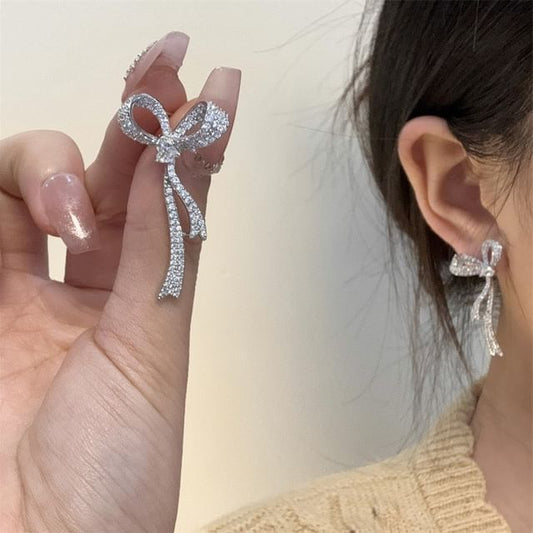 Rhinestone Bow Dangle Alloy Earring