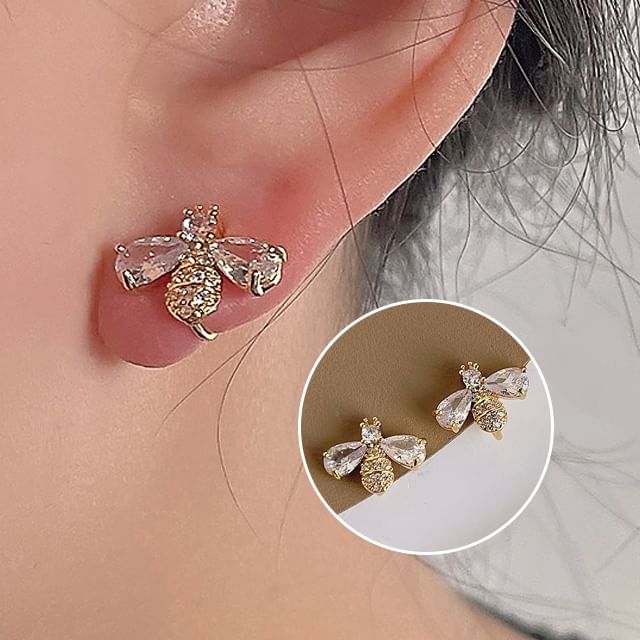 Bee Stud Earring Rhinestone Alloy
