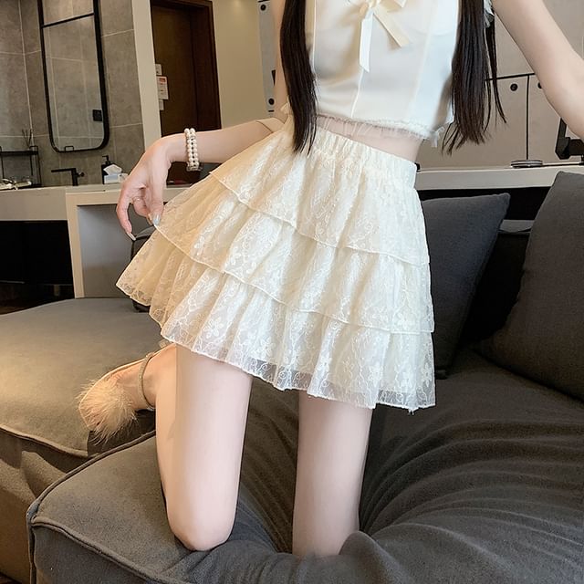 Lace Trim Tiered Mini Skirt with High Waist