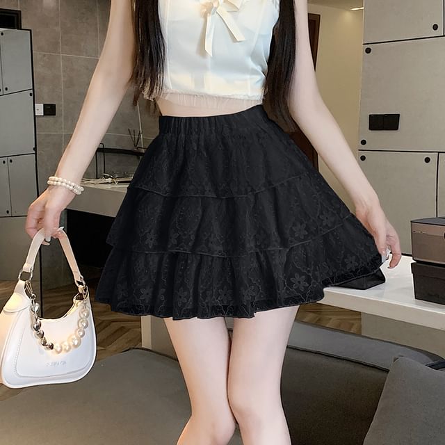 Lace Trim Tiered Mini Skirt with High Waist