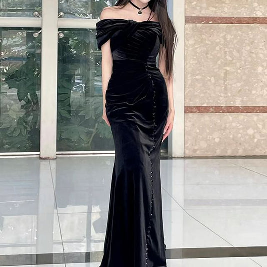 Off-Shoulder Plain Knot Ruched Mermaid Evening Gown