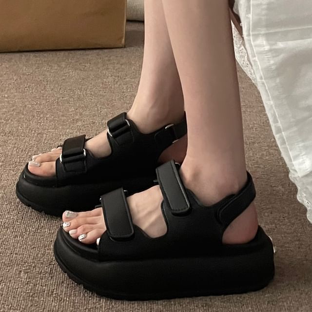 Platform Adhesive Strap Plain Faux Leather Slingback Sandals