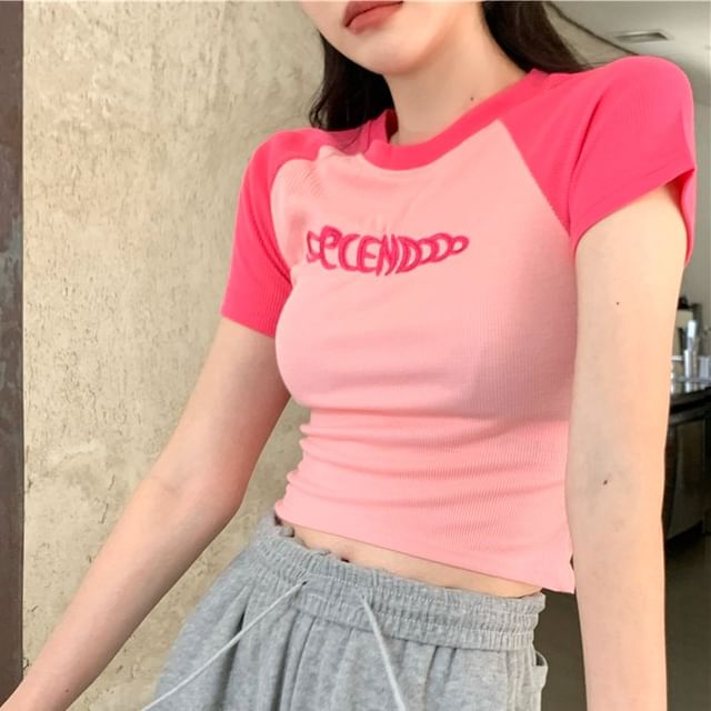 T-Shirt Crew Letter Short-Sleeve Neck Cropped Embroidered