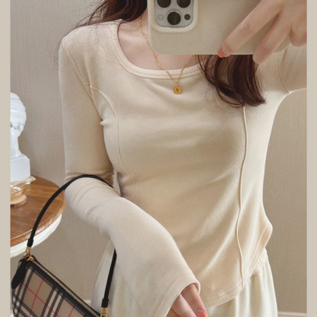 T-Shirt Long-Sleeve Scoop Plain Asymmetrical Neck