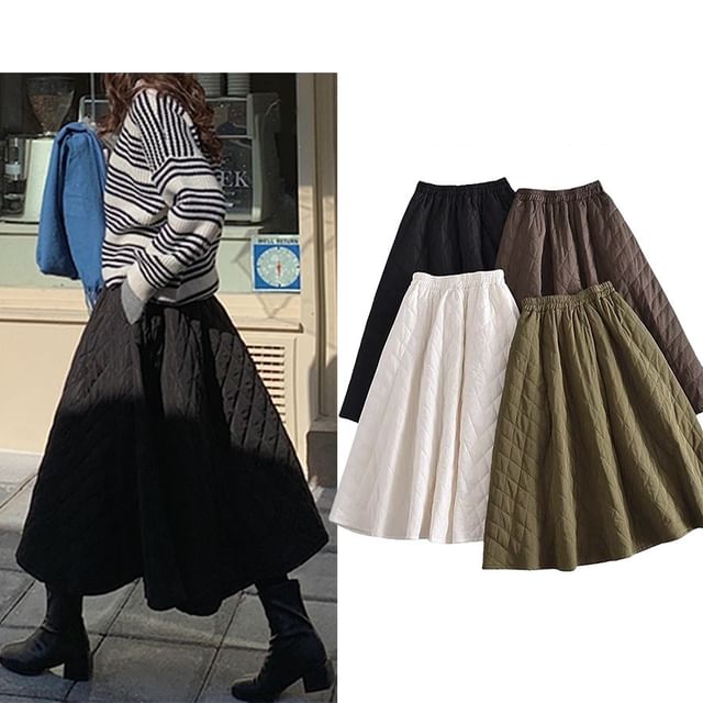 Quilted A-Line Midi Skirt with High Rise