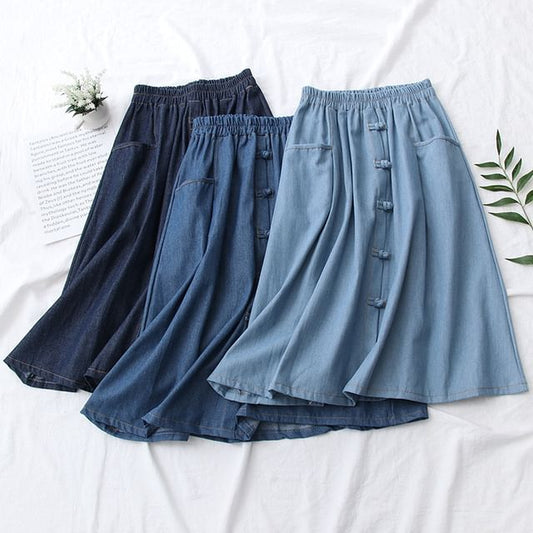 Buttoned Denim A-Line Midi Skirt with Elastic Waist