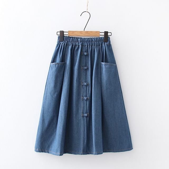 Buttoned Denim A-Line Midi Skirt with Elastic Waist