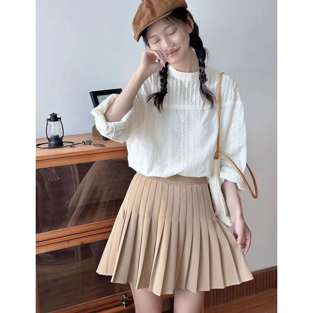 Crew-Neck Eyelet Lace Pintuck Panel Long-Sleeve Blouse
