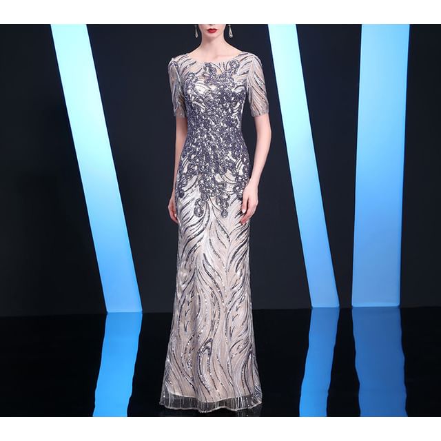 Trumpet Patterned Short-Sleeve Sequin Evening Gown Neck Round