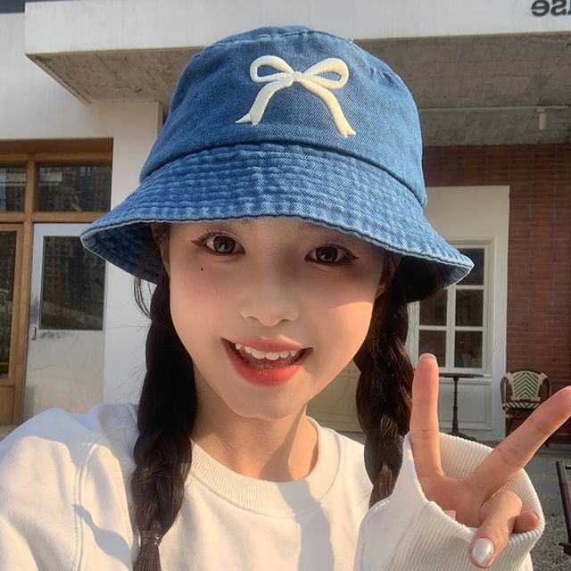 Hat Bucket Denim Bow Embroidered