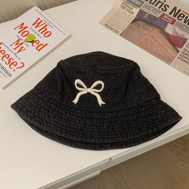 Hat Bucket Denim Bow Embroidered