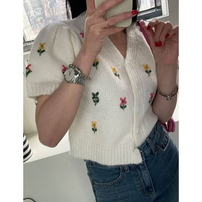 Short-Sleeve Floral Embroidered Button-Up Knit Top