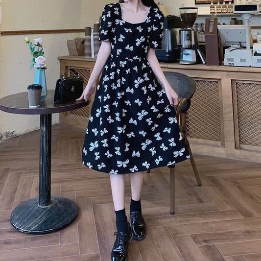 Midi Dress Neck Print Bow Tie Short-Sleeve A-Line Back Square Panel