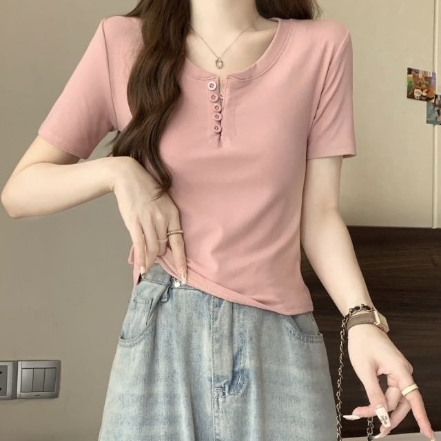 Henley T-Shirt Plain Short-Sleeve