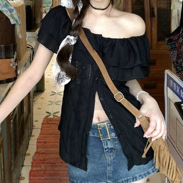 Off Ruffle Short-Sleeve Blouse Plain Shoulder