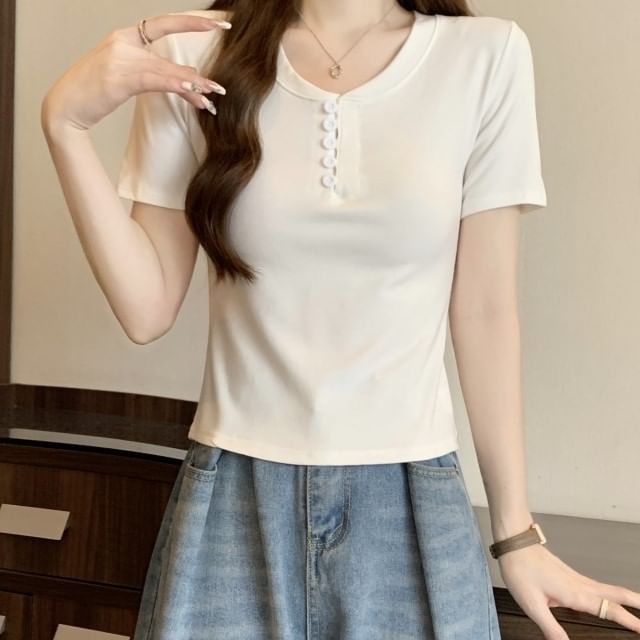 Henley T-Shirt Plain Short-Sleeve