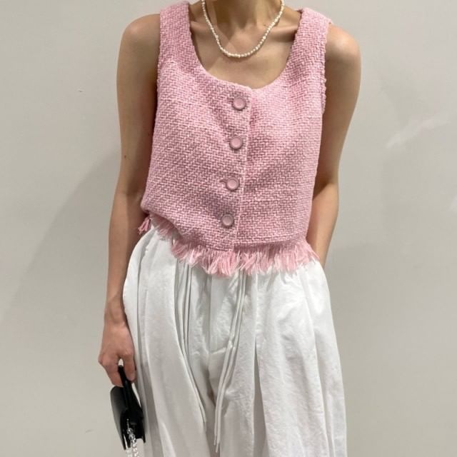 Round Neck Fringe Tweed Button Vest