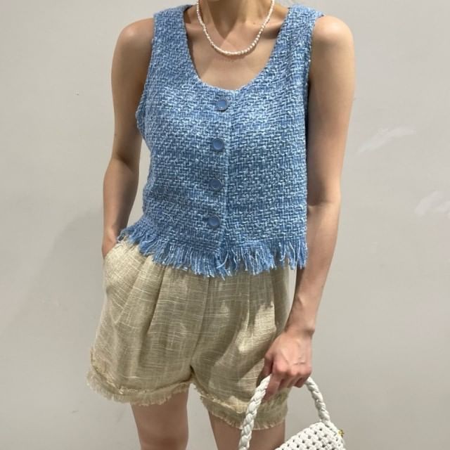 Round Neck Fringe Tweed Button Vest