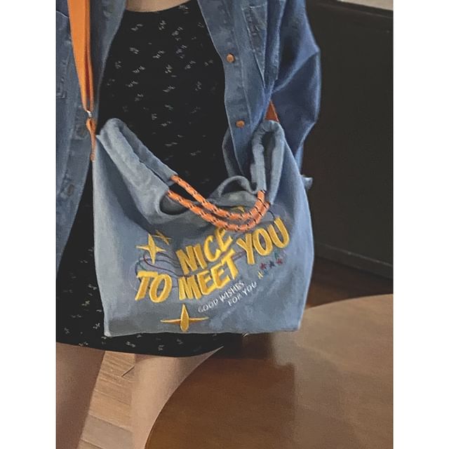 Lettering Embroidered Denim Crossbody Tote Bag