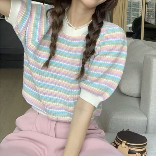 Short-Sleeve Round Neck Striped Knit Top