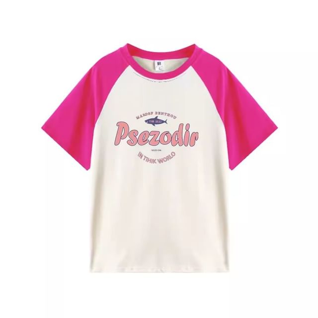 Elbow-Sleeve Round Neck Lettering Raglan Tee