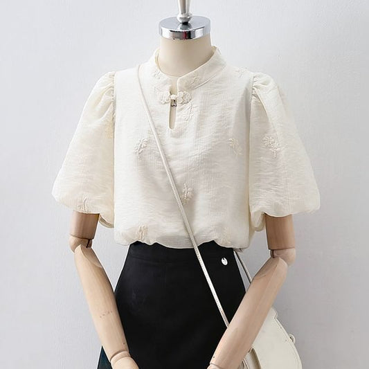 Puff-Sleeve Buttoned Lace Blouse