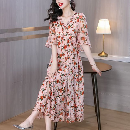 Short-Sleeve V-Neck Floral Print Frill Midi A-Line Dress