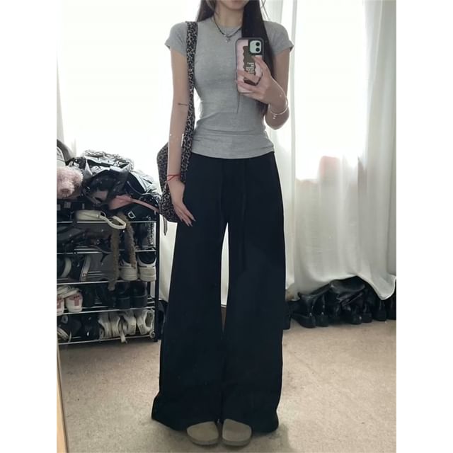 Mid Waist Plain Wide Leg Pants