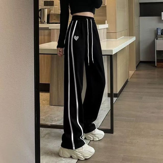 High Waist Heart Embroidered Striped Straight-Fit Wide-Leg Sweatpants