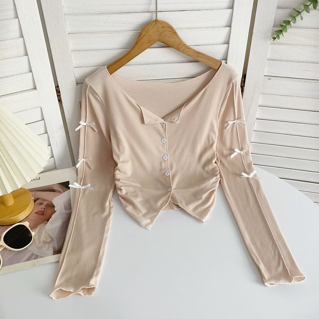 Long-Sleeve Plain Asymmetrical Bow Tee