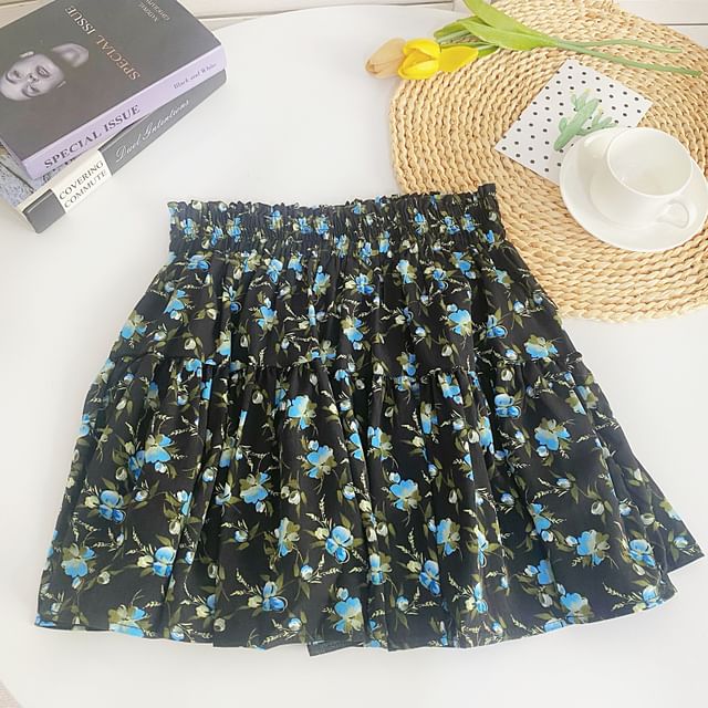 High Waist Floral Mini A-Line Skirt