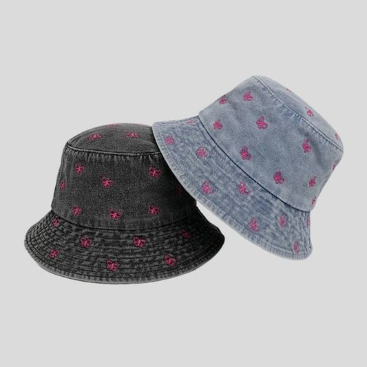 Bucket Embroidered Bow Denim Hat Washed