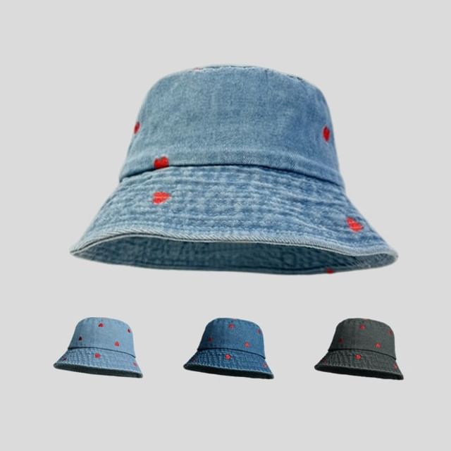 Bucket Heart Washed Hat Denim Embroidered