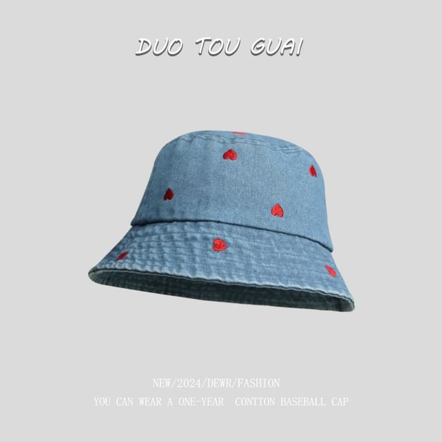 Bucket Heart Washed Hat Denim Embroidered