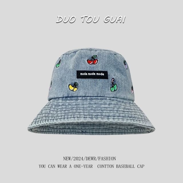 Cherry Denim Washed Hat Bucket Embroidered