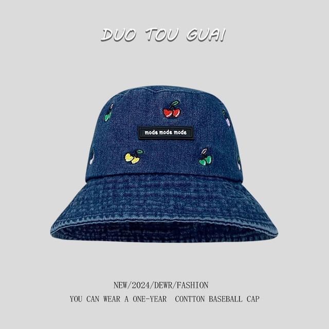 Cherry Denim Washed Hat Bucket Embroidered