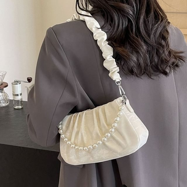 Ruched Faux Pearl Shoulder Bag