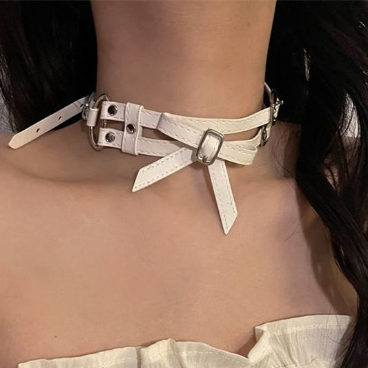 Faux Leather Layered Choker Bow