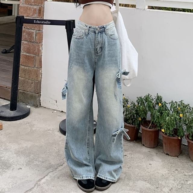 Wide Leg Washed Bow Waist Jeans Mid