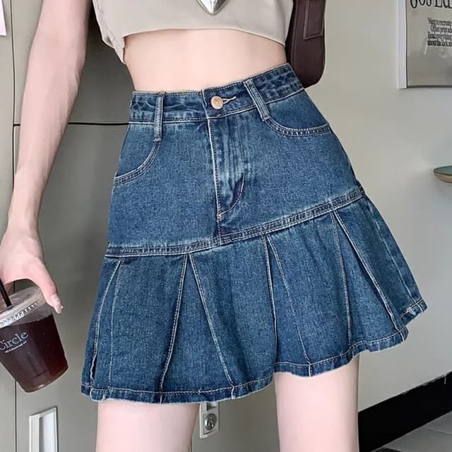 A-Line Denim High Skirt Mini Rise Washed Pleated